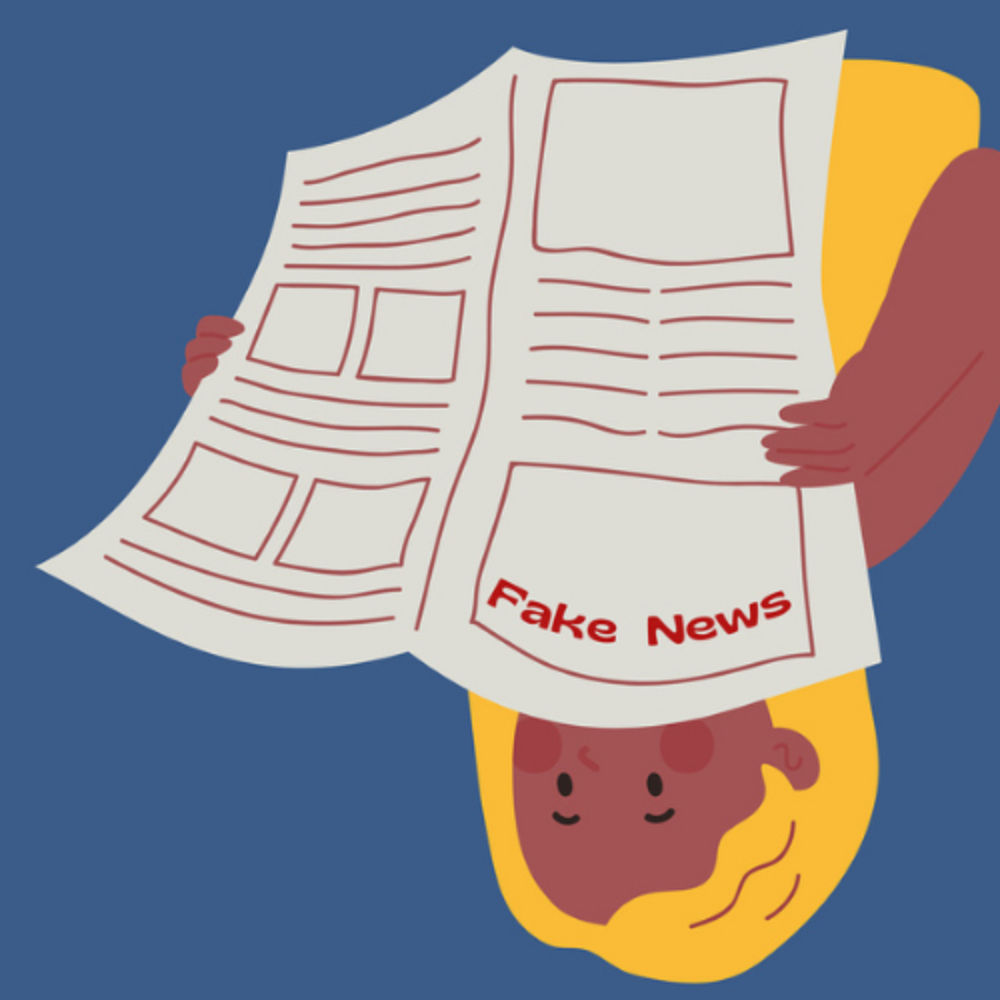 Cartoon einer Frau die eine Zeitung mit der Aufschrift "Fake News" liest.